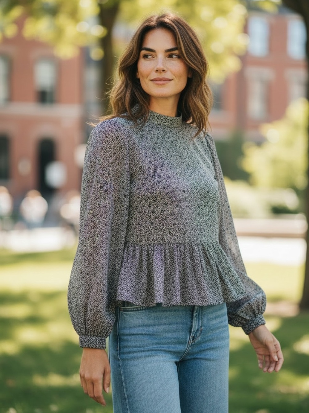 LOFT Lavender Floral Peplum Blouse with Mock Neck
